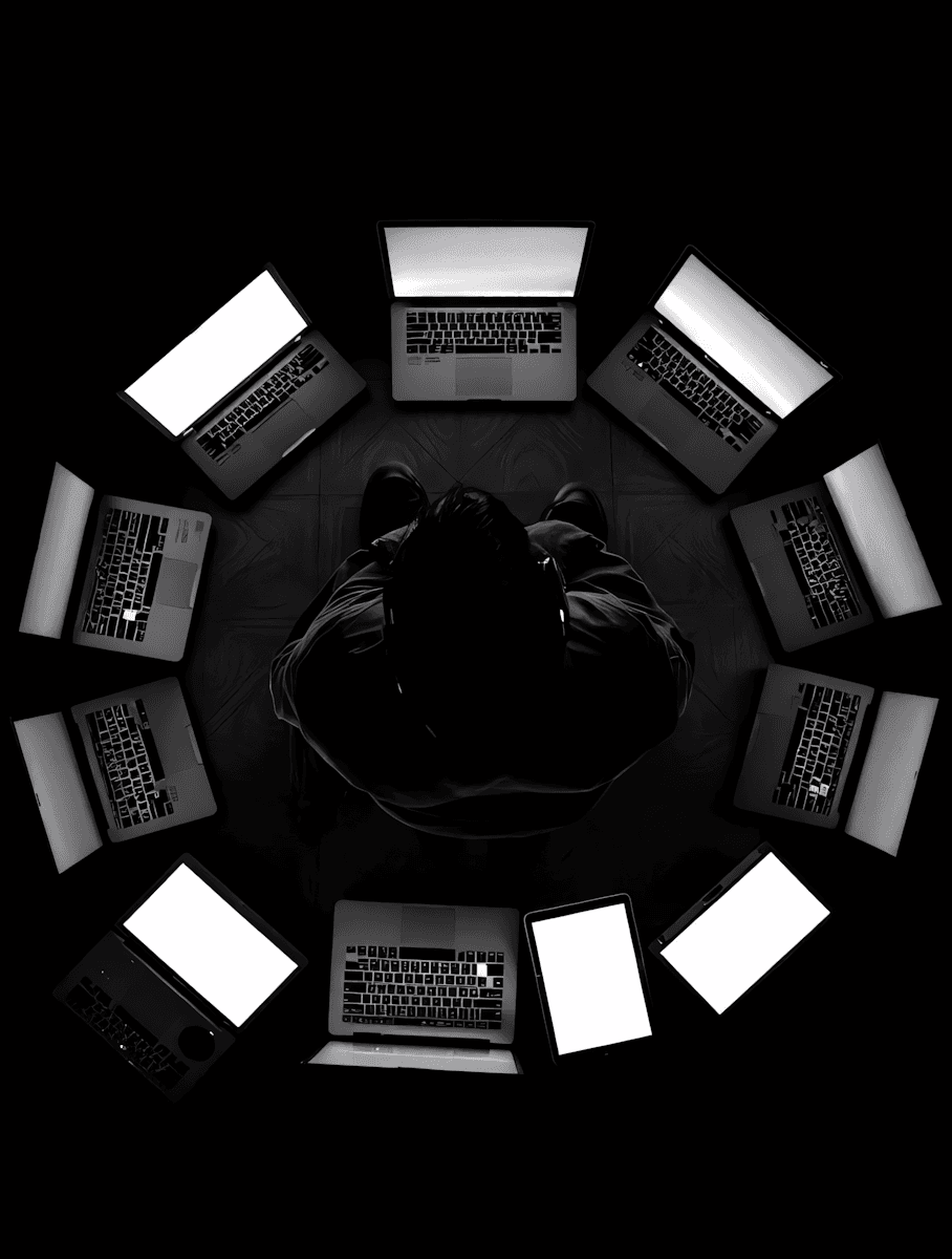 One person at a desk, ringed by a dozen open laptops.