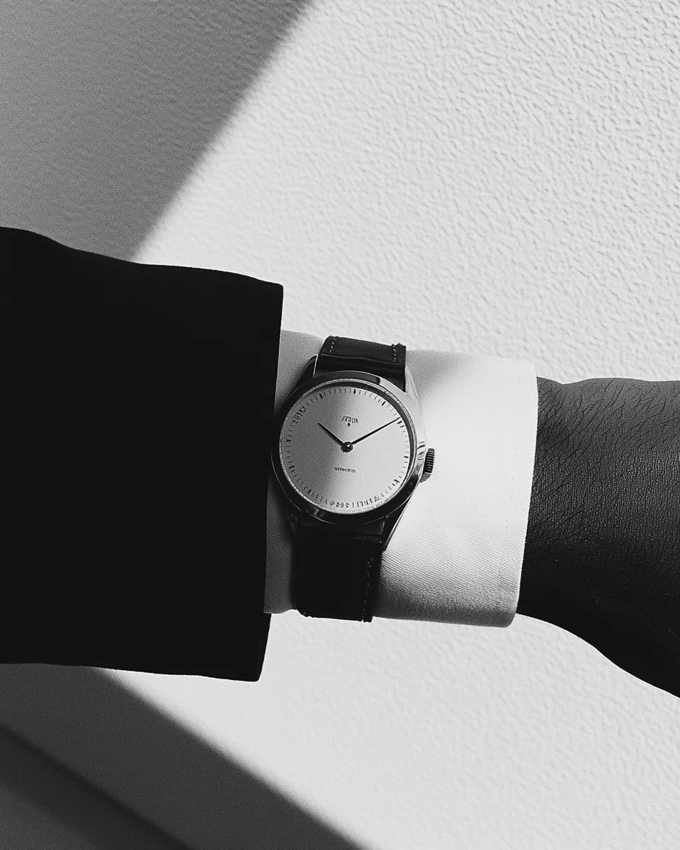 A monochrome wristwatch marking time against a crisp studio sleeve