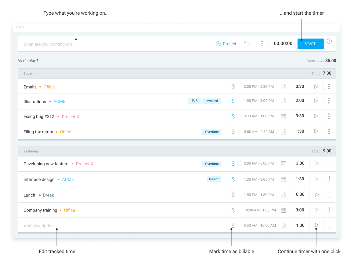 Clockify Time Tracker showing its timer, project picker, and editable daily time entries