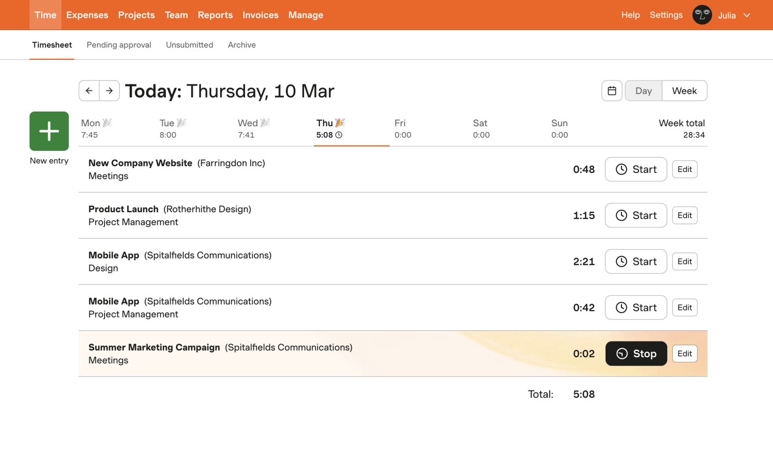 Harvest Timesheet showing daily entries, project and task names, and weekly totals